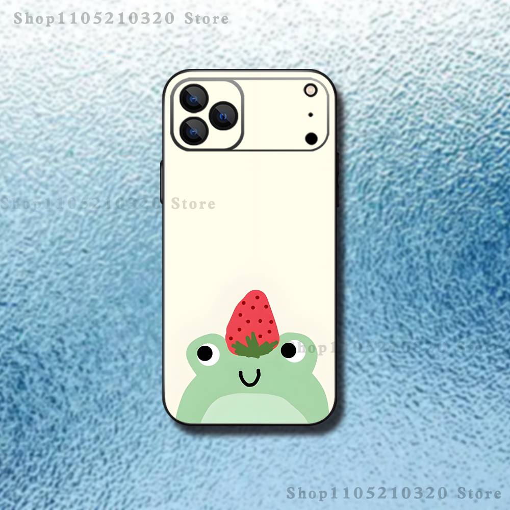 Frog Strawberry Cartoon Phone Case For iPhone 17,16,15,14,13,12,11,Pro Max,XSX,,XR,SE,Mini,8,7,Soft Silicone Black Cover