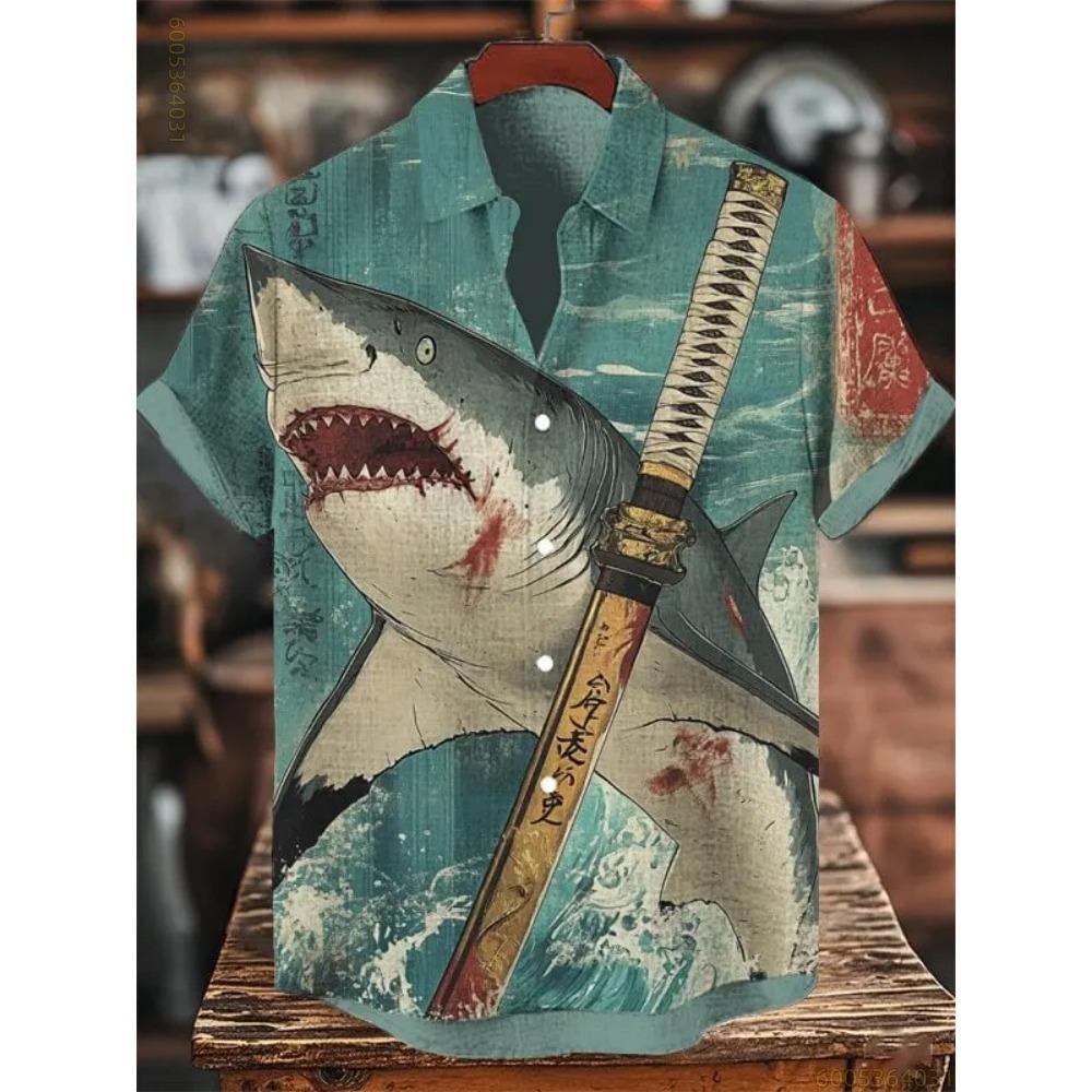 Men's Short-sleeved Shirt with Black Cat Riding a Shark Print, Hawaiian Style, Suitable for Outings, Parties, and Casual Wear.