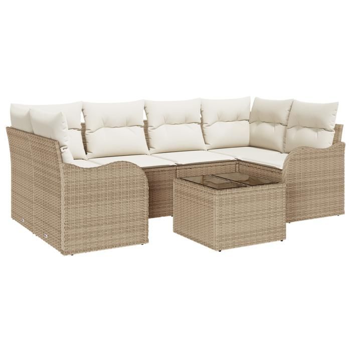 Ensemble de canapés de jardin 7 pièces avec coussins beige poly rotin, Canapé jardin 2 places avec coussins beige poly rotin 3345601