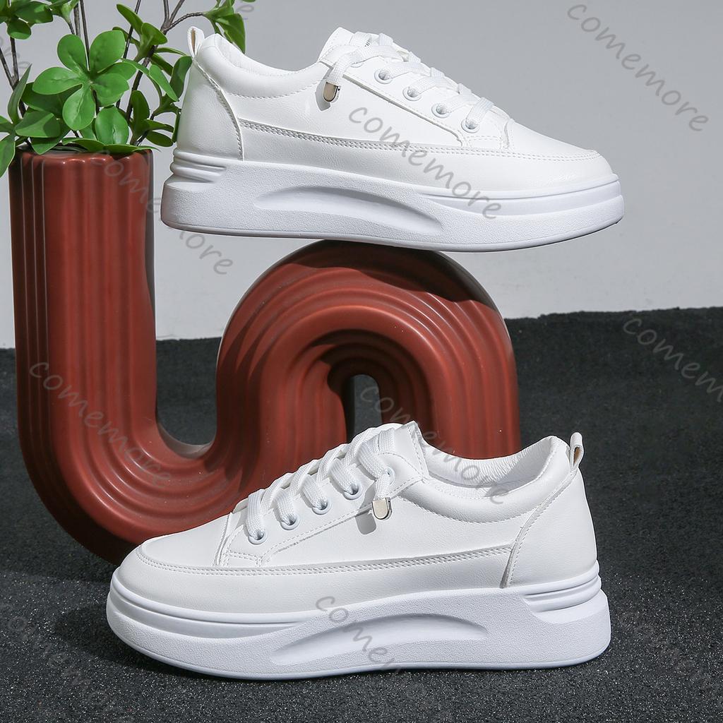 Comemore Spring and Autumn New White Sneakers Casual Thick Bottom Heightening Shoes for Women Lace Up Flat Board Tennis Shoes