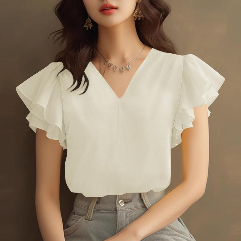 

ZANZEA Женская повседневная летняя блузка с коротким рукавом и V-образным вырезом и оборками XL бежевый