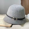 Belt Buckle Wool Hat For Women Gray Autumn Winter Simple Cloche Bucket Hat French Style Hepburn Classic Daily Fisherman Cap