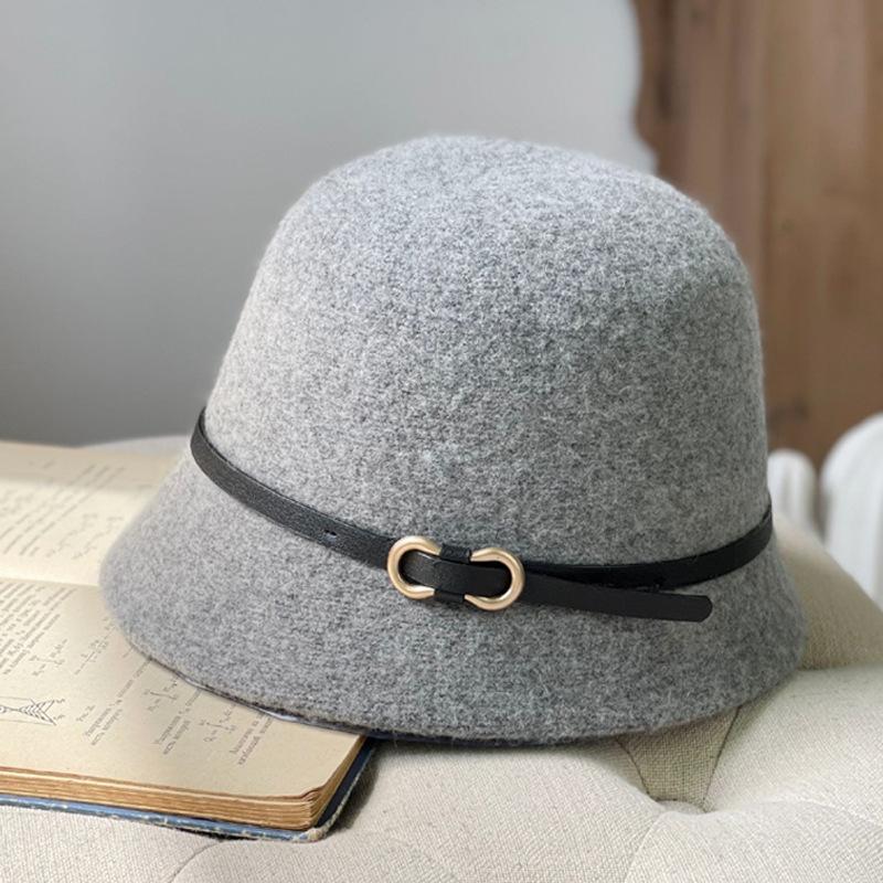 Belt Buckle Wool Hat For Women Gray Autumn Winter Simple Cloche Bucket Hat French Style Hepburn Classic Daily Fisherman Cap