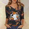 Women's Casual Halloween Print V-Neck Three-Quarter Sleeve T-Shirt