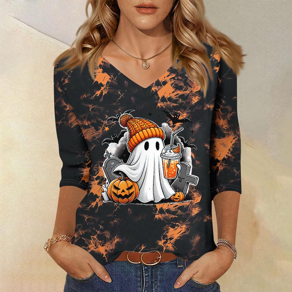 Women's Casual Halloween Print V-Neck Three-Quarter Sleeve T-Shirt