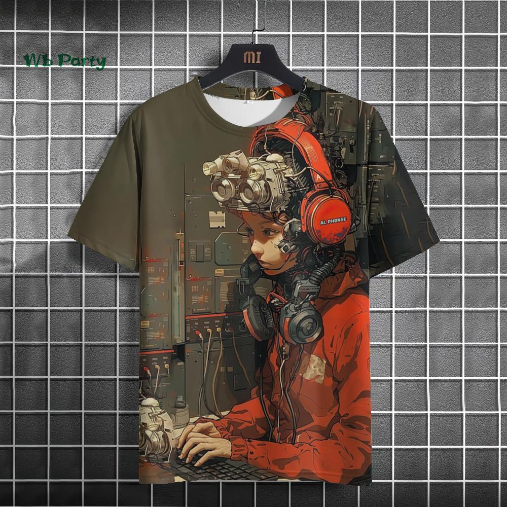 Japanese Men's T-Shirt 3D Cyber Mechanical Pattern Short Sleeve T-Shirt Oversized Harajuku Top Summer Men's Street Casual Tshirt
