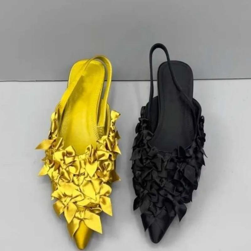 Fashion 2024 High Quality Women's Shoes Summer Fashion Slip-on Toe Sandals Solid Color Stiletto Heels Bow Decorated Women's Sandals