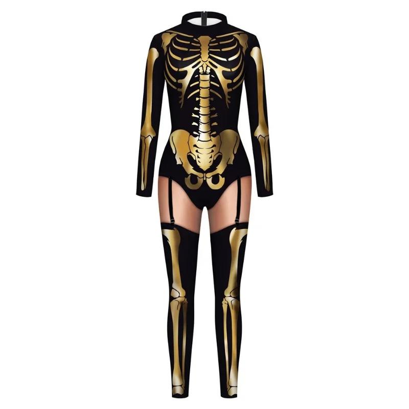Purim Karneval Cosplay Kostüme Mode Body Totenkopf Skelett Druck Jumpsuit Lustiges Damenkostüm Sexy Catsuit Weiblich