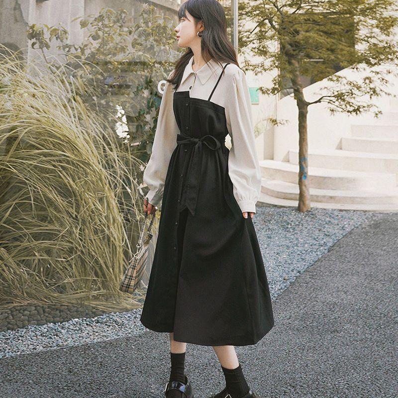 Spring and Autumn Temperament Fake Two Piece Skirts Academy Style Long Sleeve Medium Length Waist Slim Shirt Dress