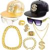 80s 90s Hip Hop Costume Kit for Men Vintage Rapper Cosplay Big Gold Metal Chain Glasses Bracelet Hip Hop Costume Accessories Set