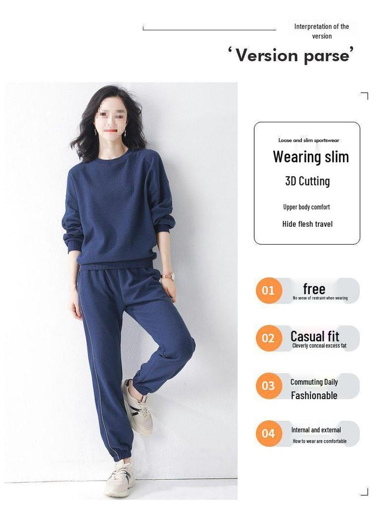 Women's Two-Piece Grey Plaid & Solid Waffle Hoodie Set - Korean Casual Style for Spring & Autumn