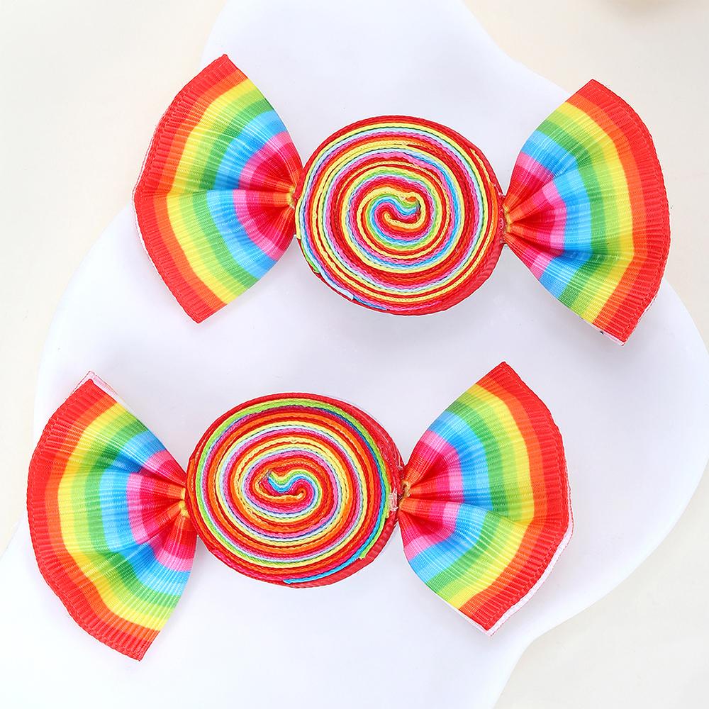 2Pcs Candy Bow Hair Clips Sweet Strawberry Heart Print Hairpins Rainbow Barrette For Girls Kids Children Headwear Accessories