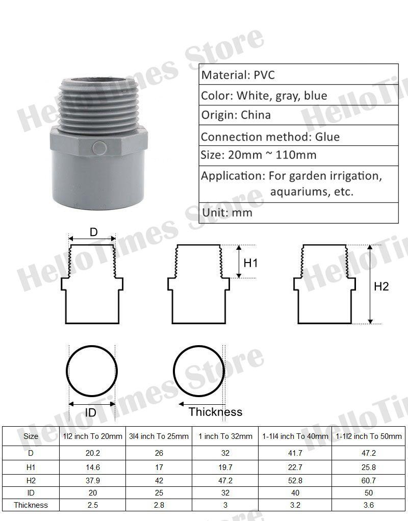 2pcs PVC 1/2" 3/4" 1" 1.5" Thread Connector 20/25/32/40/50 Mm PVC Water Pipe Adapter Garden Irrigation Tube Fittings