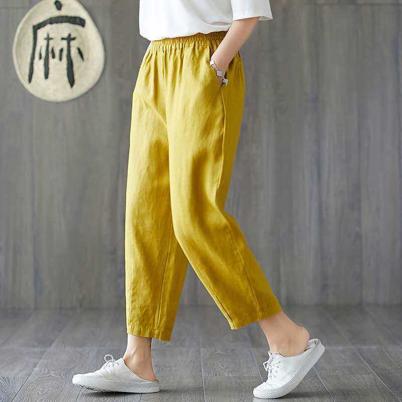 Women Summer Casual Loose Harem Elastic Waist Cotton Linen Pants Ninth Trousers