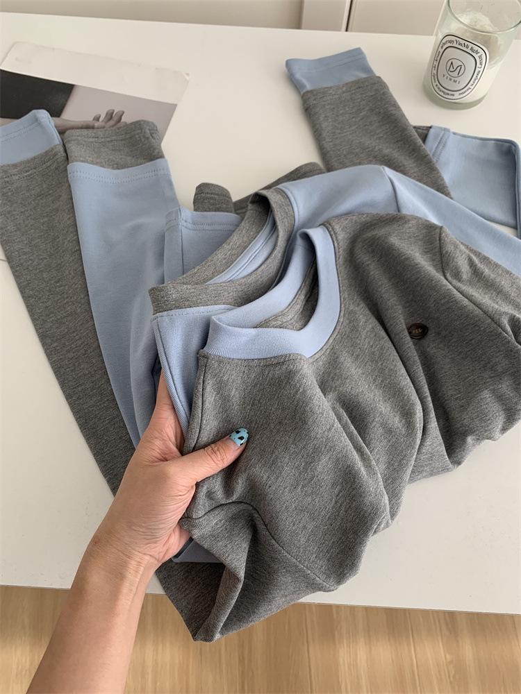 Women's Premium Color Block Round Neck Long Sleeve Fleece T-shirt - Autumn/Winter Imitation Cashmere Base Layer