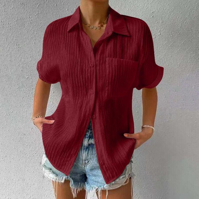 Summer Women's Casual Shirt Solid Color Lapel Button Short Sleeve Tunic Shirt Business Casual Work Shirt Office Femininity Top