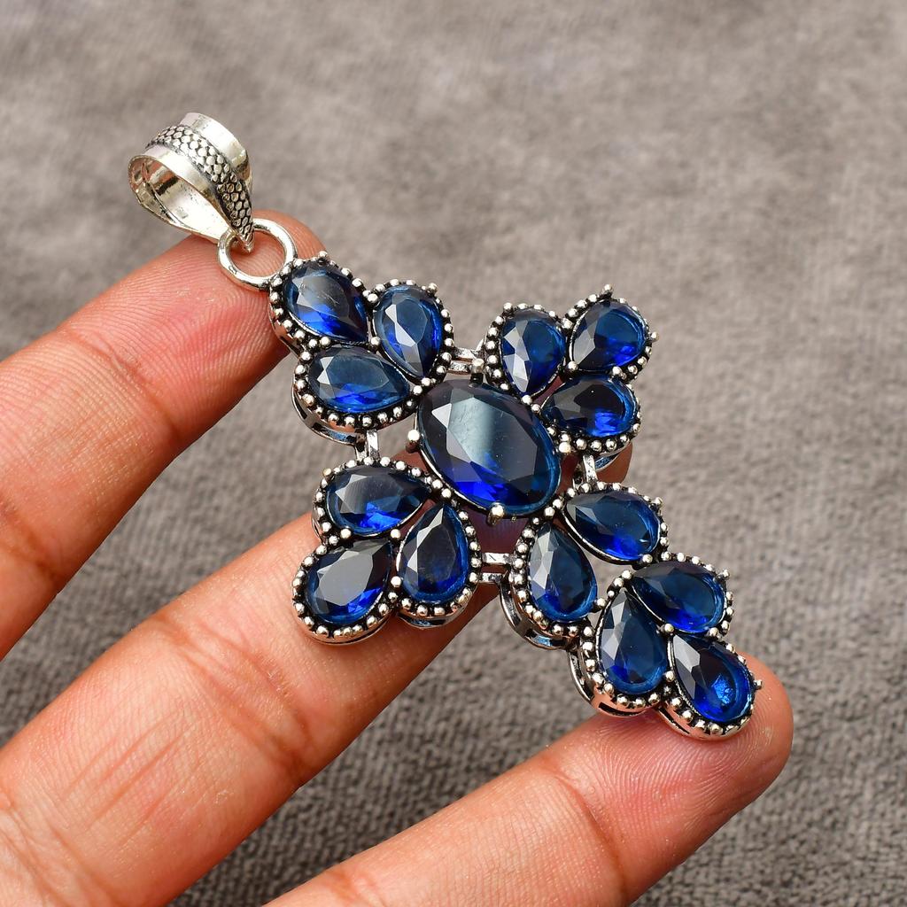 Blue Sapphire Gemstone Cross Shape Pendant : 925 Sterling Silver Handmade Jewelry Pendant