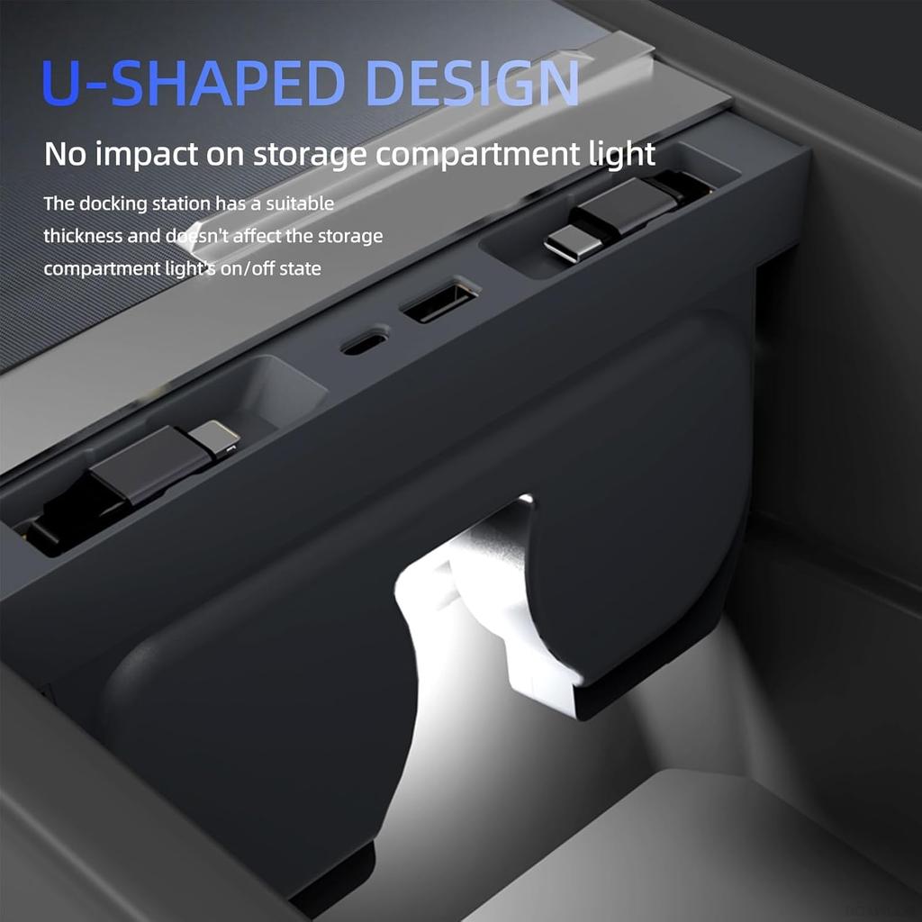 USB Hub For Tesla Model Y Juniper 2025 2026 Model 3 Highland 2024 2025 With Sliding Cover, 119W Dual Type-C Retractable Cables Multi Ports Fast