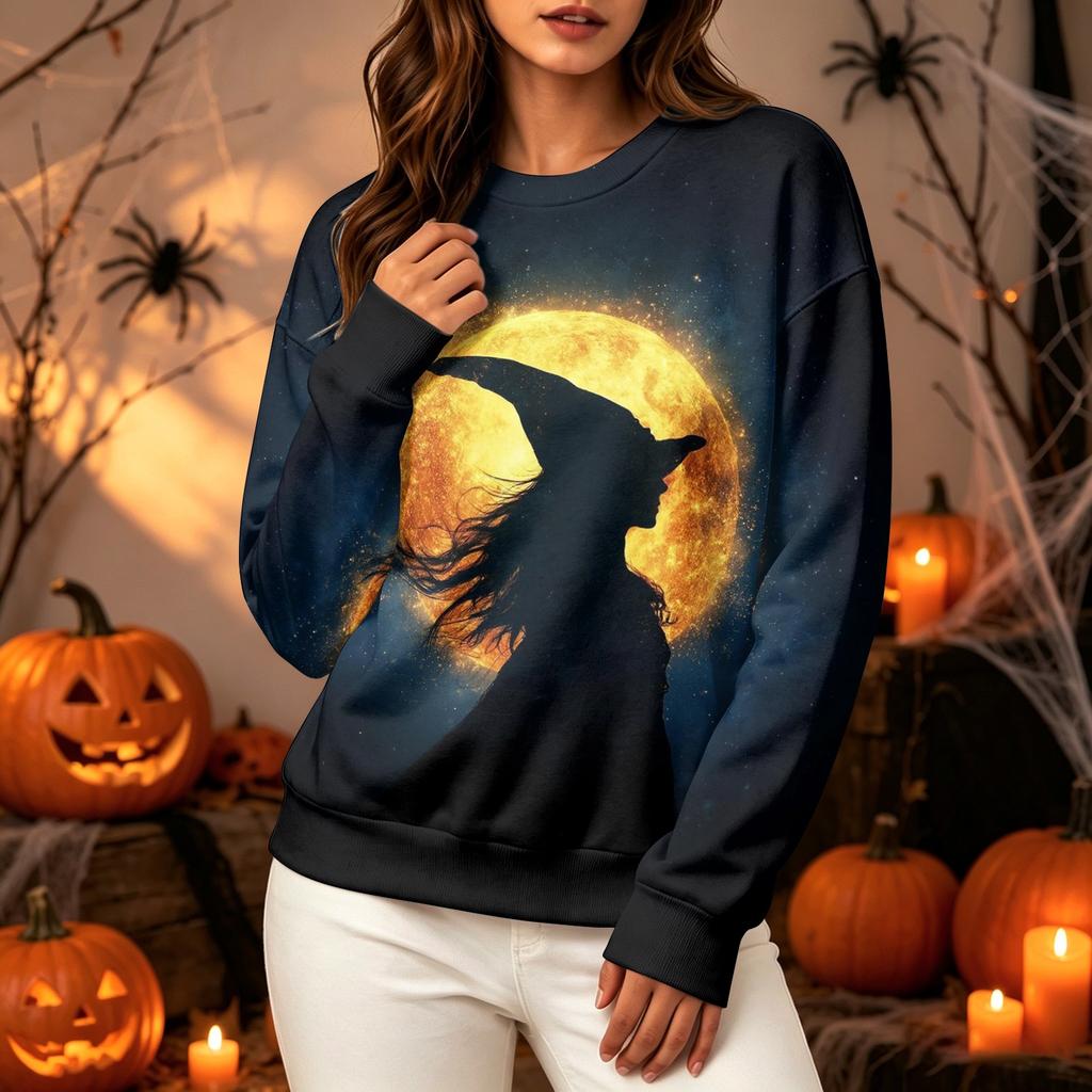 Women's Fashion Casual Long Sleeve Crewneck Sweatshirt with Halloween Print