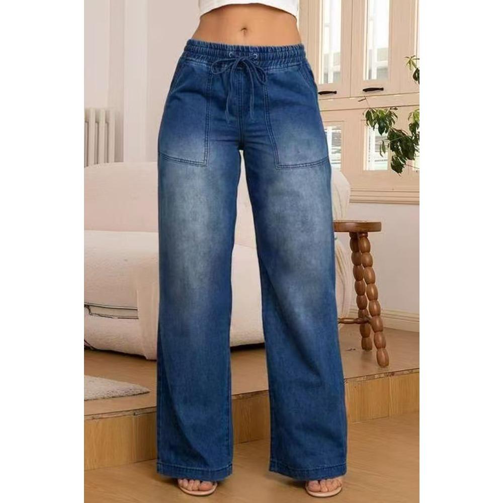 Women s Mid Rise Straight Leg Jeans Loose Fit Drawstring Elastic Waist Pocket Wide Leg Denim Trousers S