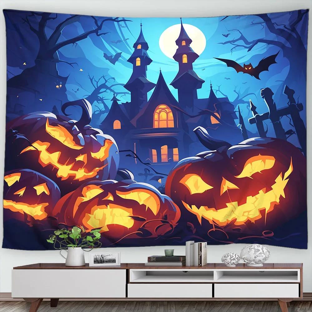 Halloween Decorative Tapestry Pumpkin Lantern Wall Hanging Full Moon Gothic Castle Ghost Bat Tapestry Home Room Decoration