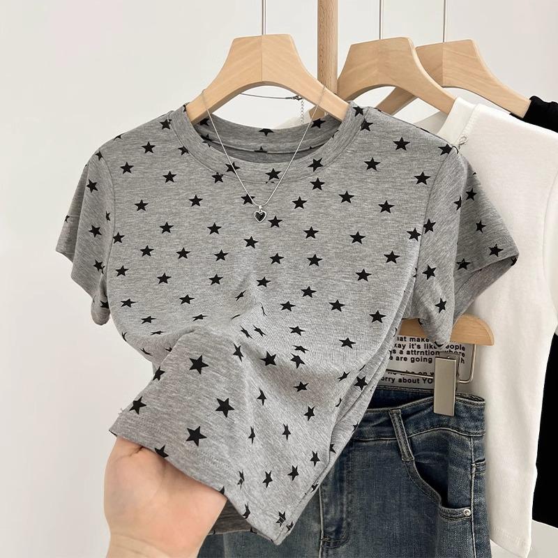 Design Sense Star Printed Short Sleeve T-Shirt Women's Spring and Summer New Personality Wear Front Shoulder Short Pure Sweet and Spicy Top