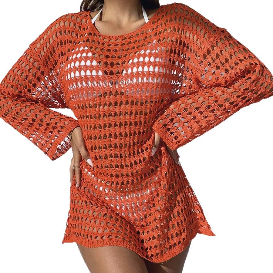 Jersey Sexy de Punto Calado Europeo-Americano: Cubrecostume de Bikini de Manga Larga y Cuello Redondo para Mujer para el Verano