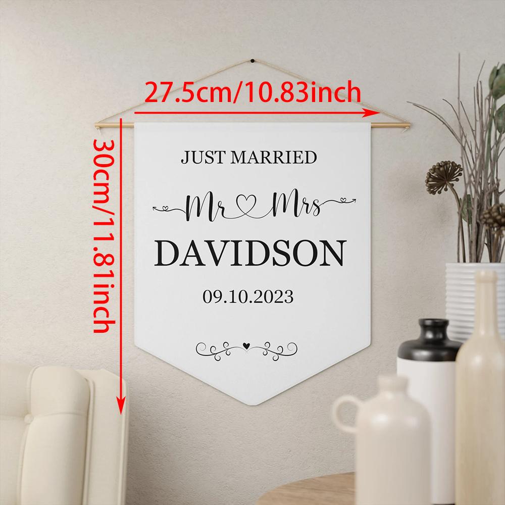 Personalized Just Married Wedding Banner Wedding Welcome Sign Canvas Pennant Newlyweds Hanging Wall Baby Room Decor Keepsake