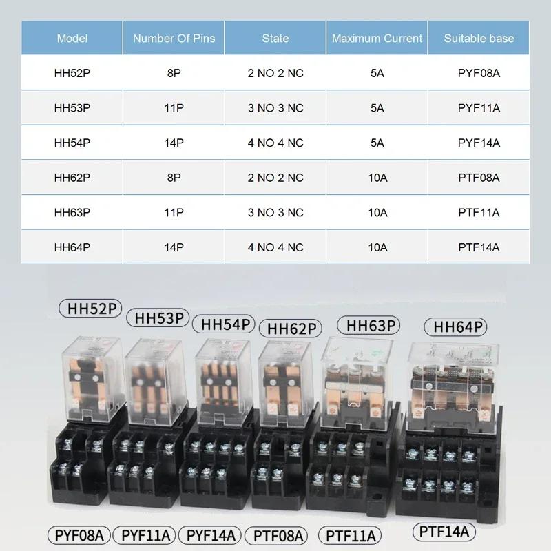 10 PCS Small Intermediate Relay AC Electromagnetic Relay with Base Switch HH52P HH53P HH54P HH62P HH63P HH64P