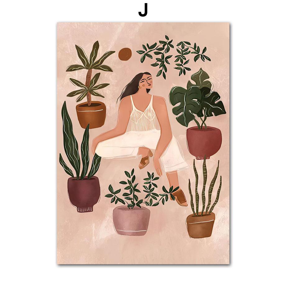 Abstract Boho Fashion Girl Posters Plant Leaves Fruit Flower Minimalist Wall Art Canvas Painting Wall Pictures Living Room Decor