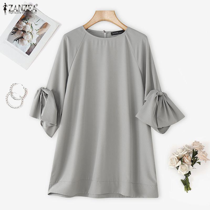 ZANZEA Women Casual Round Neck Bows Splice 3/4 Sleeve Loose Blouse