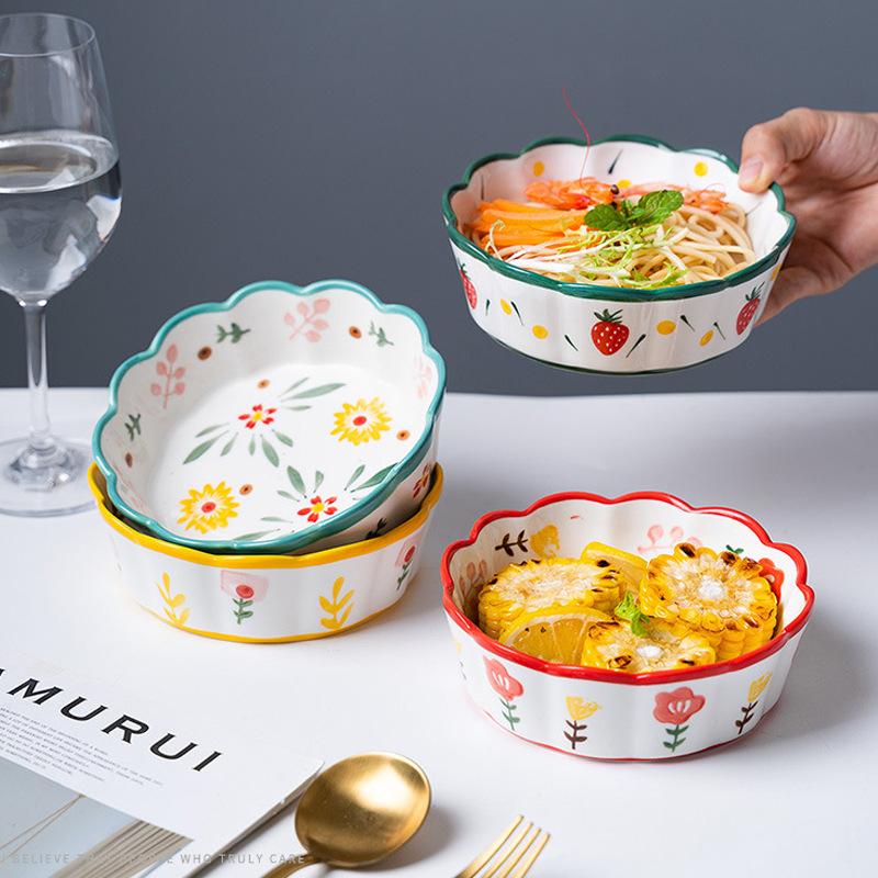Ceramic Bowl Household Personality Cute Fruit Salad Bowl Microwave Oven Baked Rice Bowl Oats Breakfast Bowl Female Flower