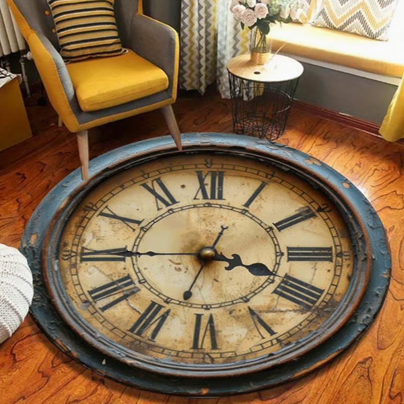 

Vintage Clock Design Floor Mat Rugs Carpets Home Decoration Non Slip Washable Roman Numeral Round Carpets for Living Room 40x40cm