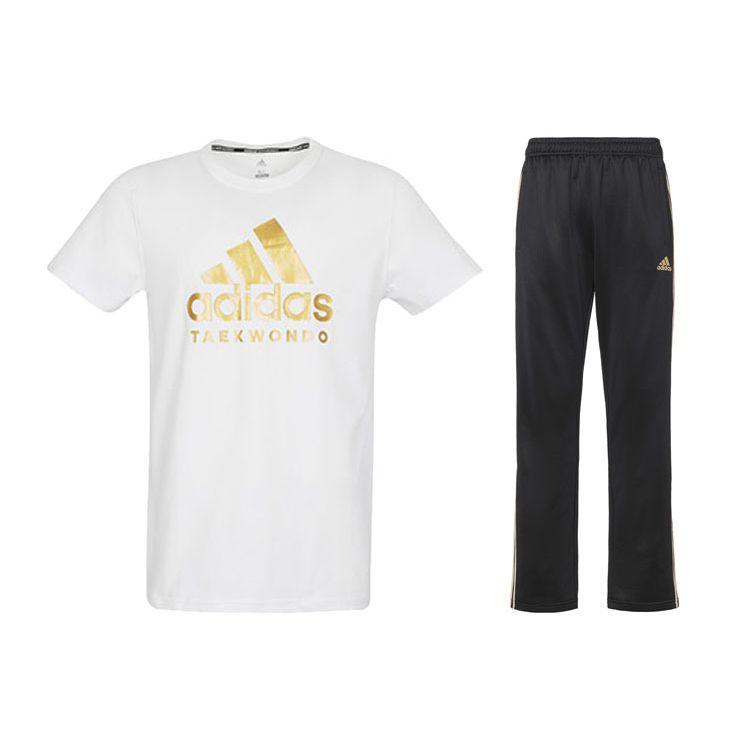 

Adidas Футболка с круглым вырезом и коротким рукавом, принтом логотипа и полосками по бокам, прямые брюки, повседневный спортивный комплект для мужчин ADICTT-WG+TR30PR-BG L