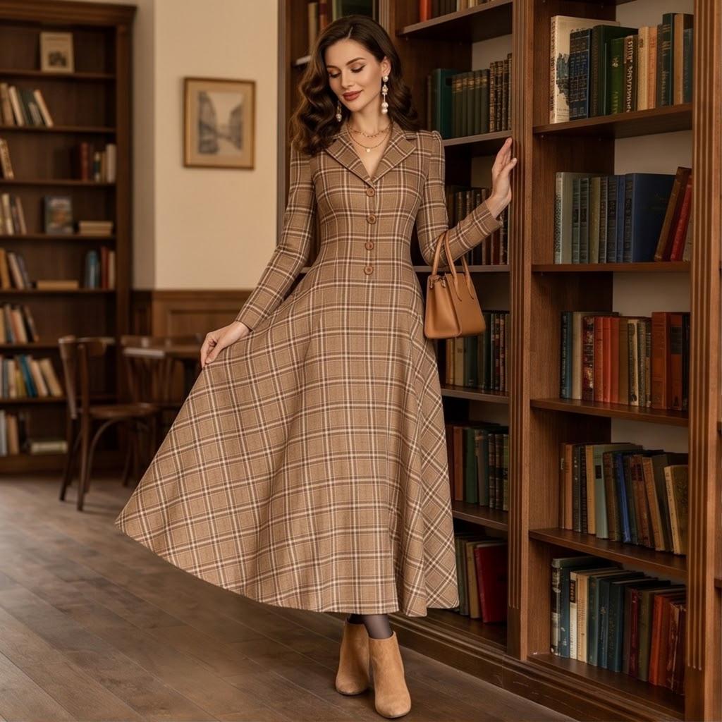 Women's Elegant Plaid Button Front Long Dress for Fall Winter Work
