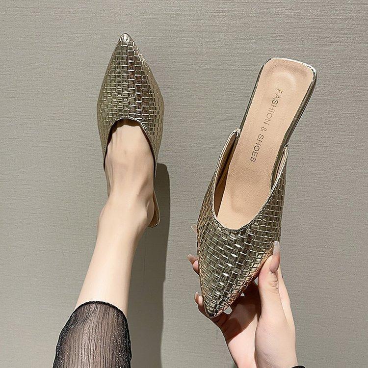 2025 spring and summer new stone pattern solid color female pointed head thin heel medium heel slippers high heel bag head half drag outer wear female