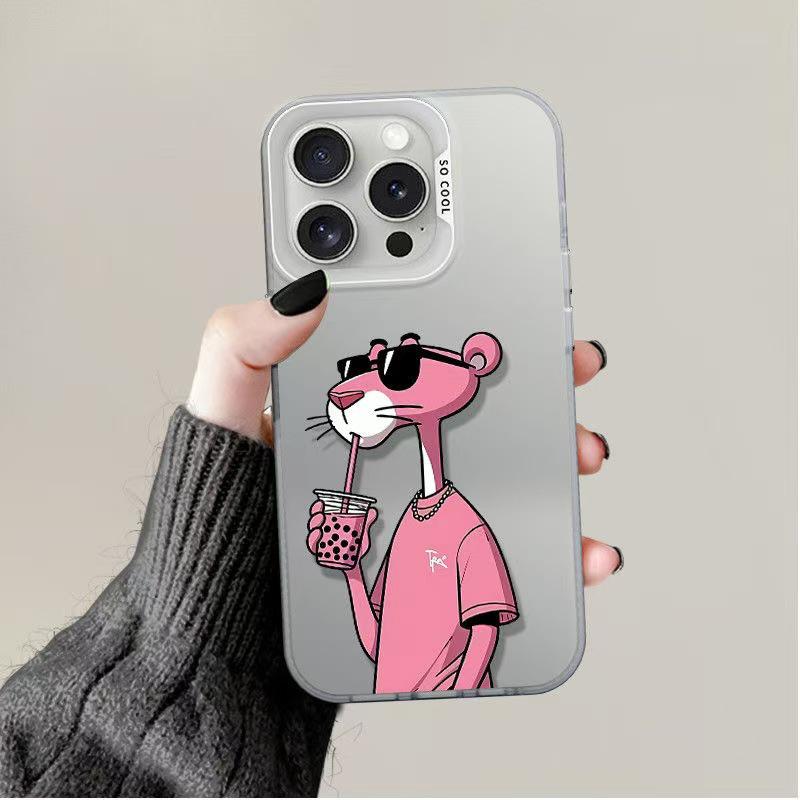 

Pink Leopard Milk Tea iPhone Case for 15Pro Max, 16Pro, 13Pro, Trendy Cartoon Design iPhone 15 Plus
