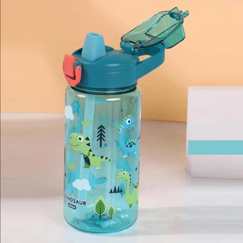 600ml Cute Water Bottle with Silicone Straw Leakproof Dinosaur Rabbit Design Portable Outdoor Sports Drinkware for School Travel