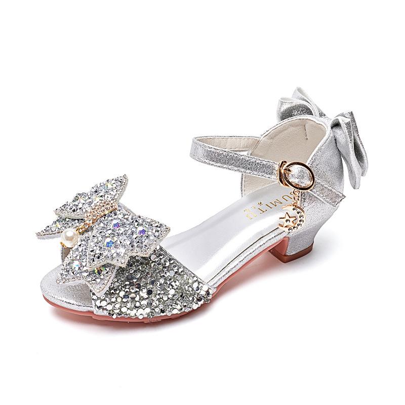 

Girls high-heeled summer sandals for toddlers, paired with dresses, Korean-style fashion, bowknot, pink peep-toe performance princess shoes for 26（Inner Length17.5CM серебряный