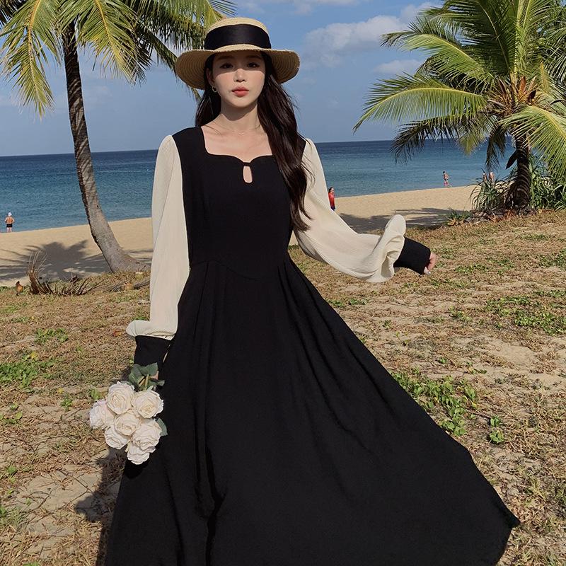 

Платье в стиле Хепберн с длинными рукавами в духе Франции 2025: Элегантный контрастный цвет, приталенный силуэт, нежный стиль L чёрный