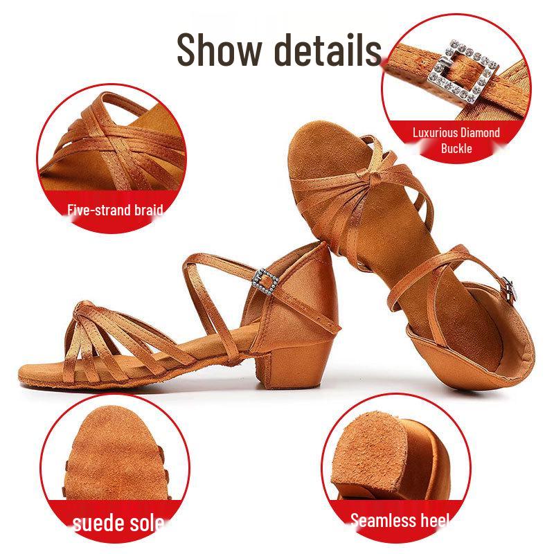 Children's Latin Dance Shoes: Women's Soft Sole, Mid-Heel for Professional Practice, Summer White Competition Grading.