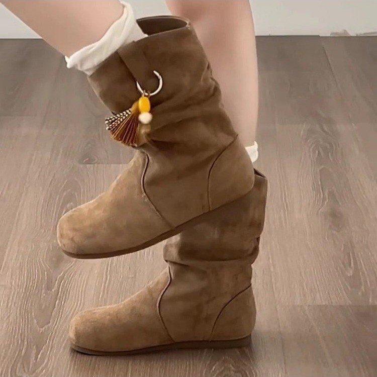 Height-increasing Retro Pendant Short Boots for Women~ 2025 Autumn New Versatile Tassel Beaded Flat Pile Small Short Boots for Women