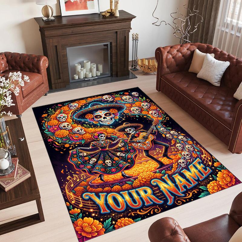 Day of the Dead Theme Crystal Velvet Rug Personalized Custom Name Text Soft Floor Mat Home Decor