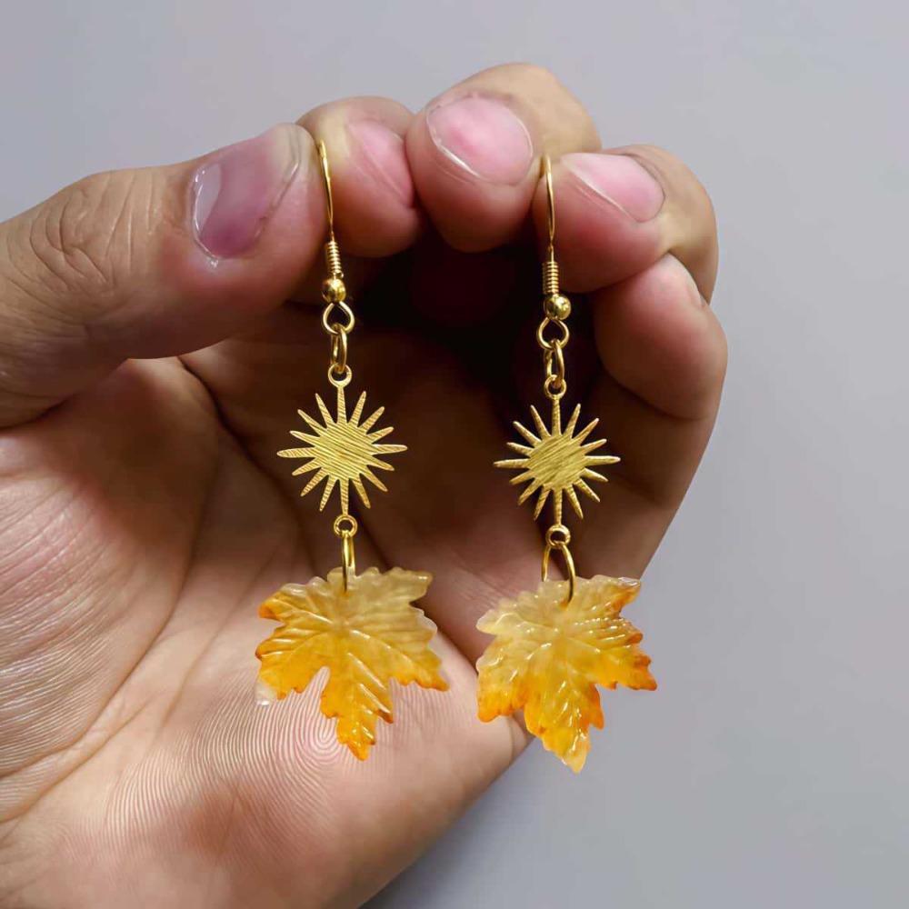 Bohemian Autumn Orange Yellow Glass Maple Leaf Gold Color Sun Pendant Dangle Earrings for Women Stainless Steel Vacation Jewelry