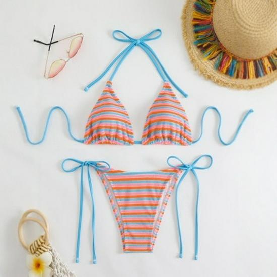 

2024 European & American Striped Terry Cloth Three-piece Bikini Small рожевий