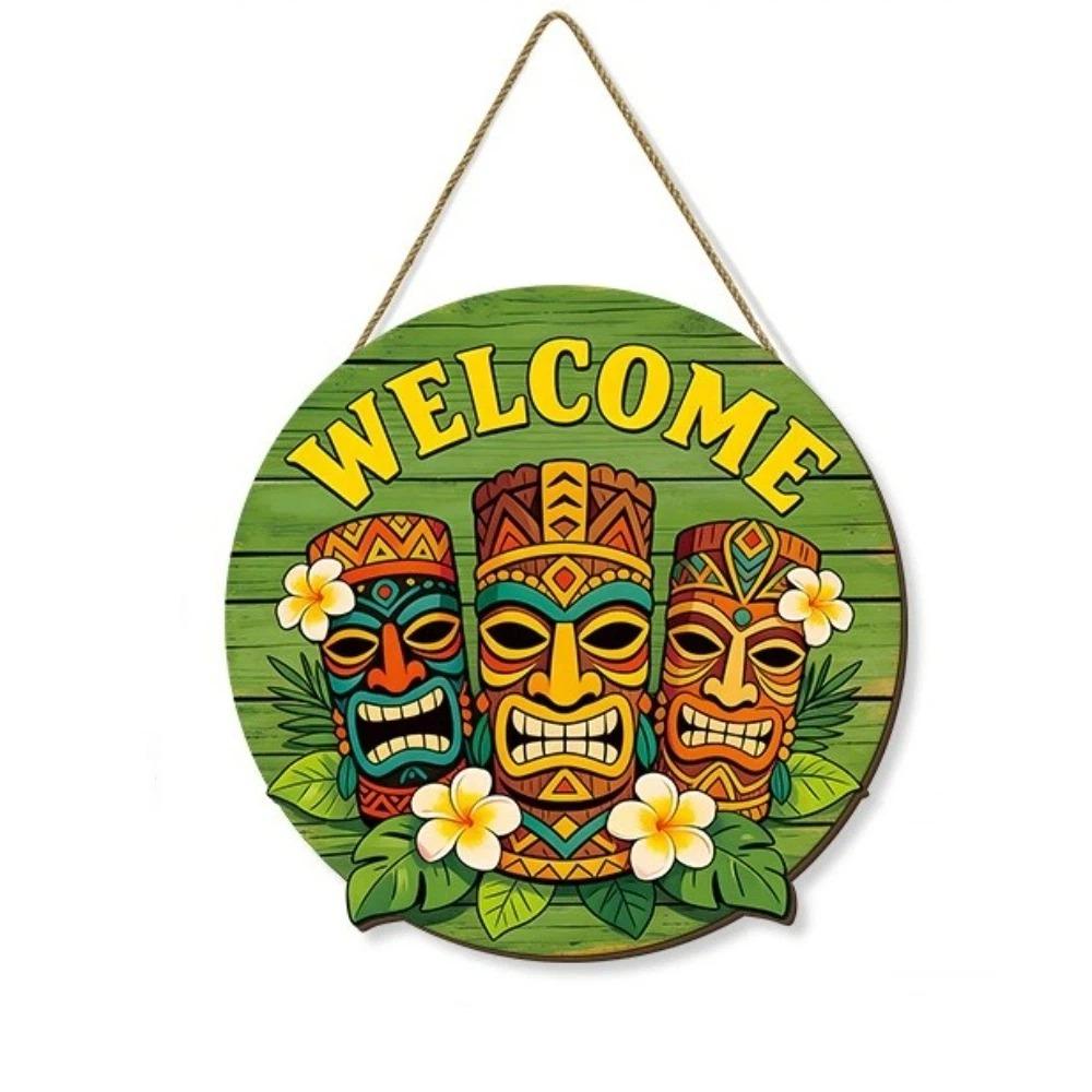 

Retro Hawaiian Tiki Mask Bar Sign Summer Theme Bar Signage Wall Art Circular Wooden Sign Beach 11.42in