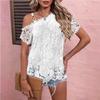 Women's Summer T-Shirts Lace Splicing Metal Buckle Off Shoulder Short Sleeve Hollow Out Pullover Top