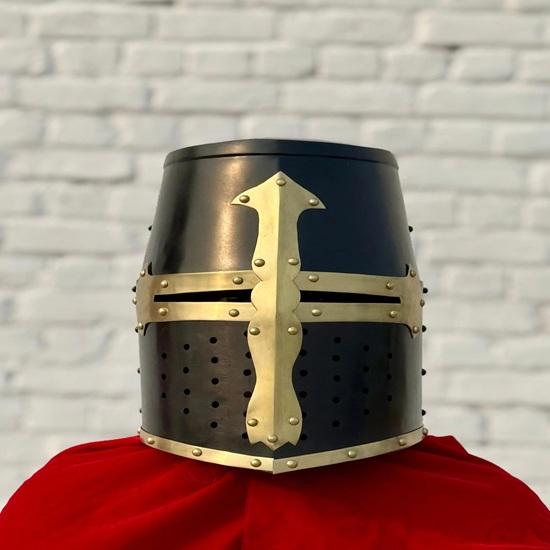 Black Knight Templar Crusader Helmet Medieval Great, Larp And Cosplay Helmet Handmade Steel Brass Best Gift For Him