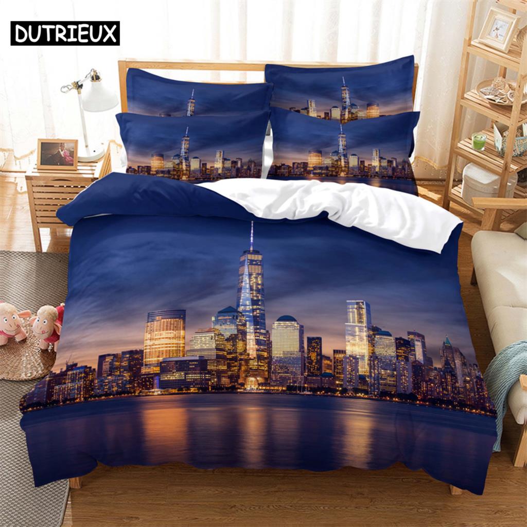 

City night view 3D Digital Bedding Sets Home Bedclothes Super King Cover Pillowcase Comforter Textiles Bedding Set (135x200cm)&set