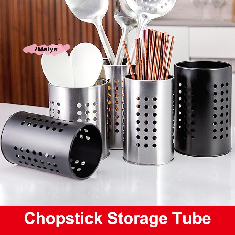 Stainless Steel Chopsticks Tube High-Capacity Kitchen Utensils Storage Bucket with Round Hole Hollowed Out Drain Feature